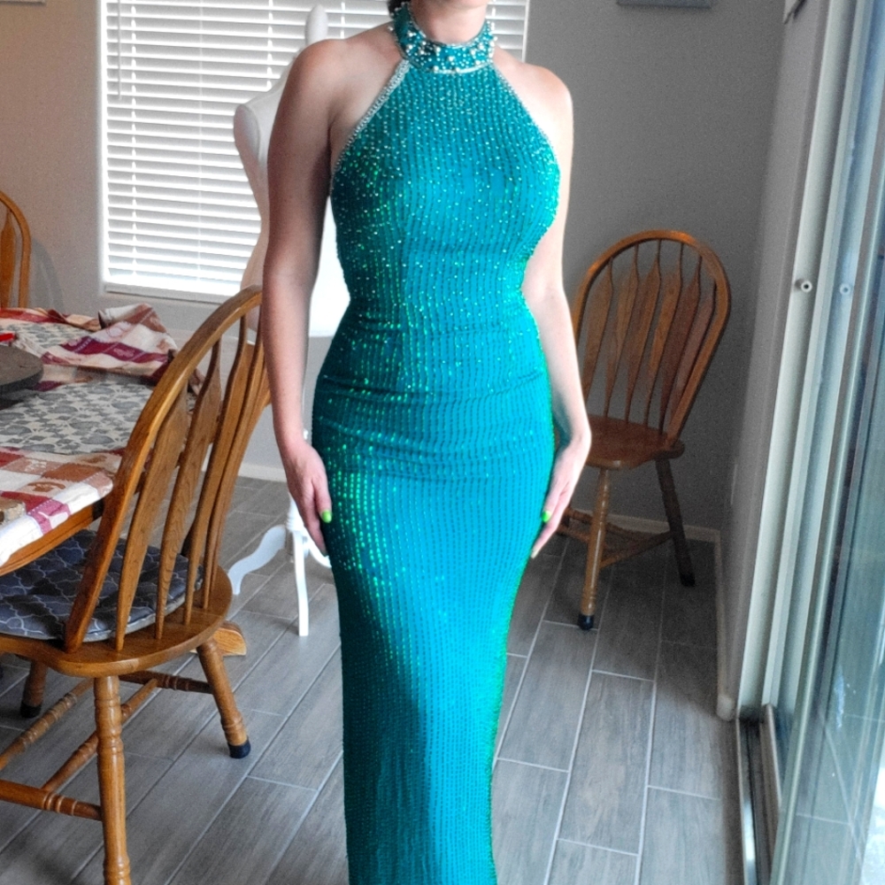 90s Turquoise Teal sequin Beaded Open Back Prom Dance Pageant Dress gown